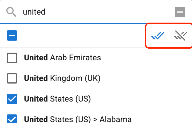 The country list in allow mode, with United States (US) ticked