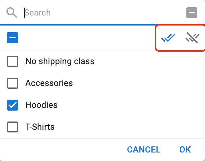 The shipping class list in allow mode, with Hoodies ticked