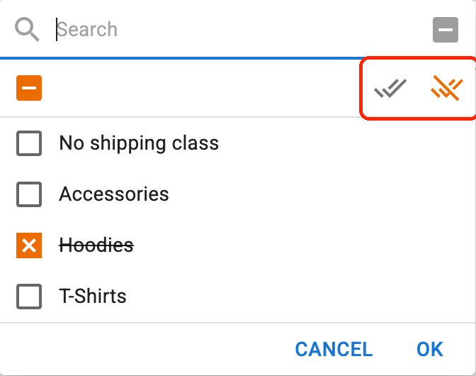 The same list in deny mode, with Hoodies struck through