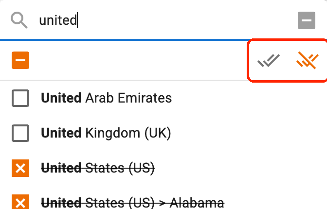 The same list in deny mode, with United States (US) struck through