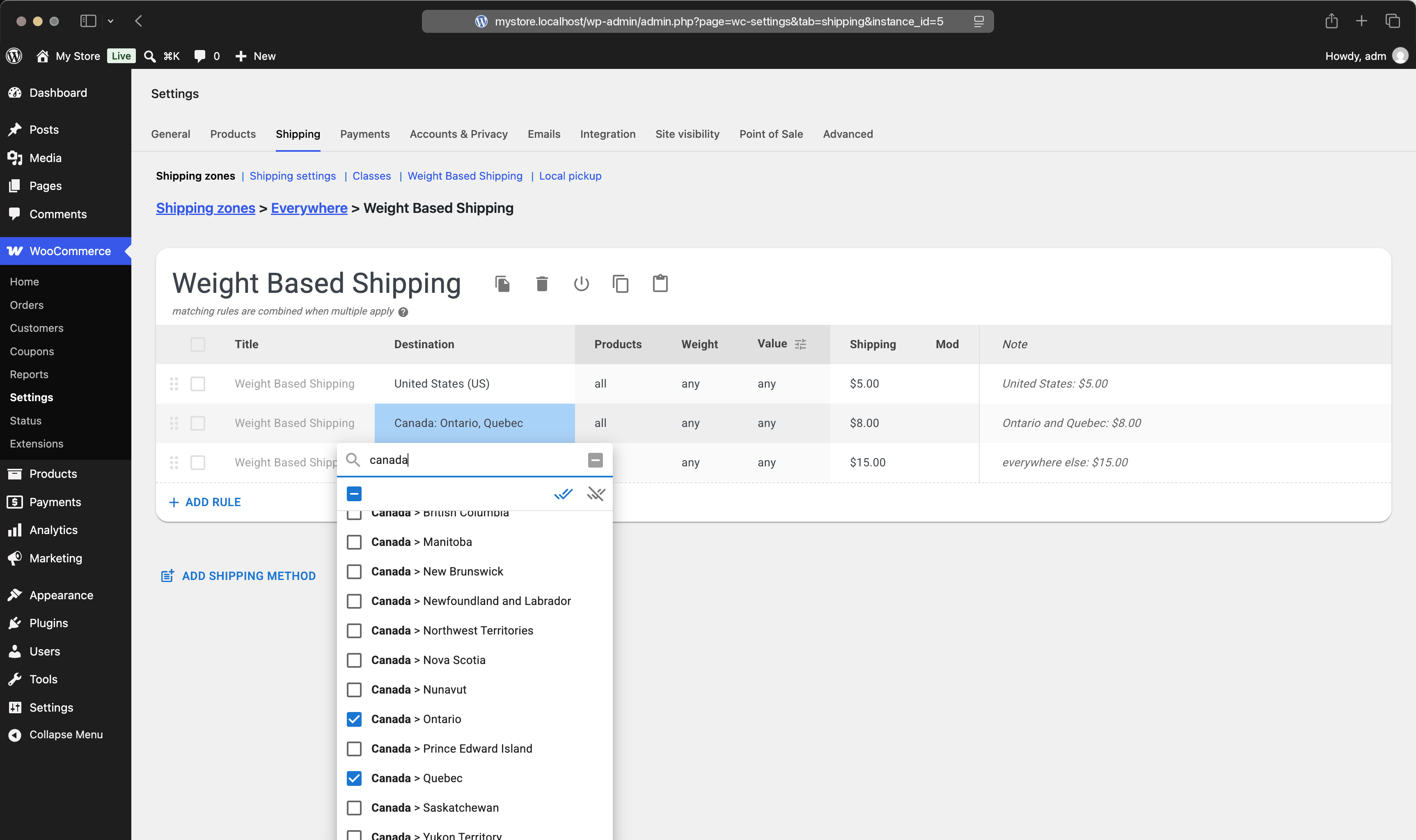 The Destination editor of a shipping rule with countries and states, in allow mode