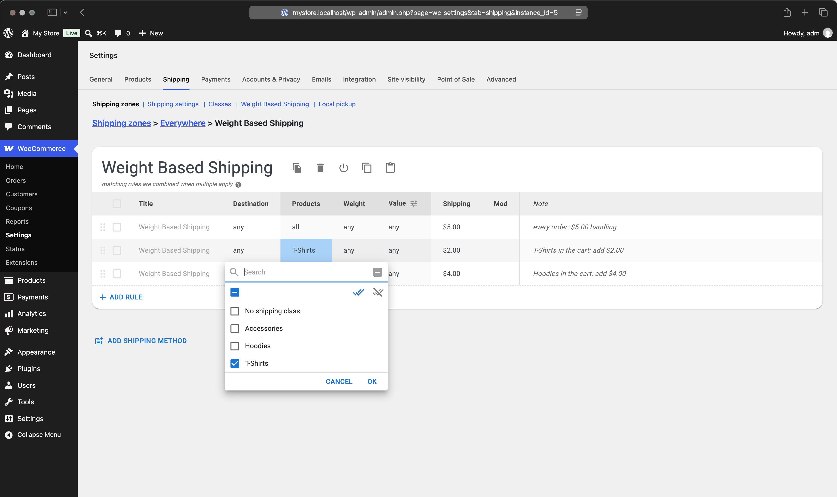 The Products editor of a shipping rule listing WooCommerce shipping classes