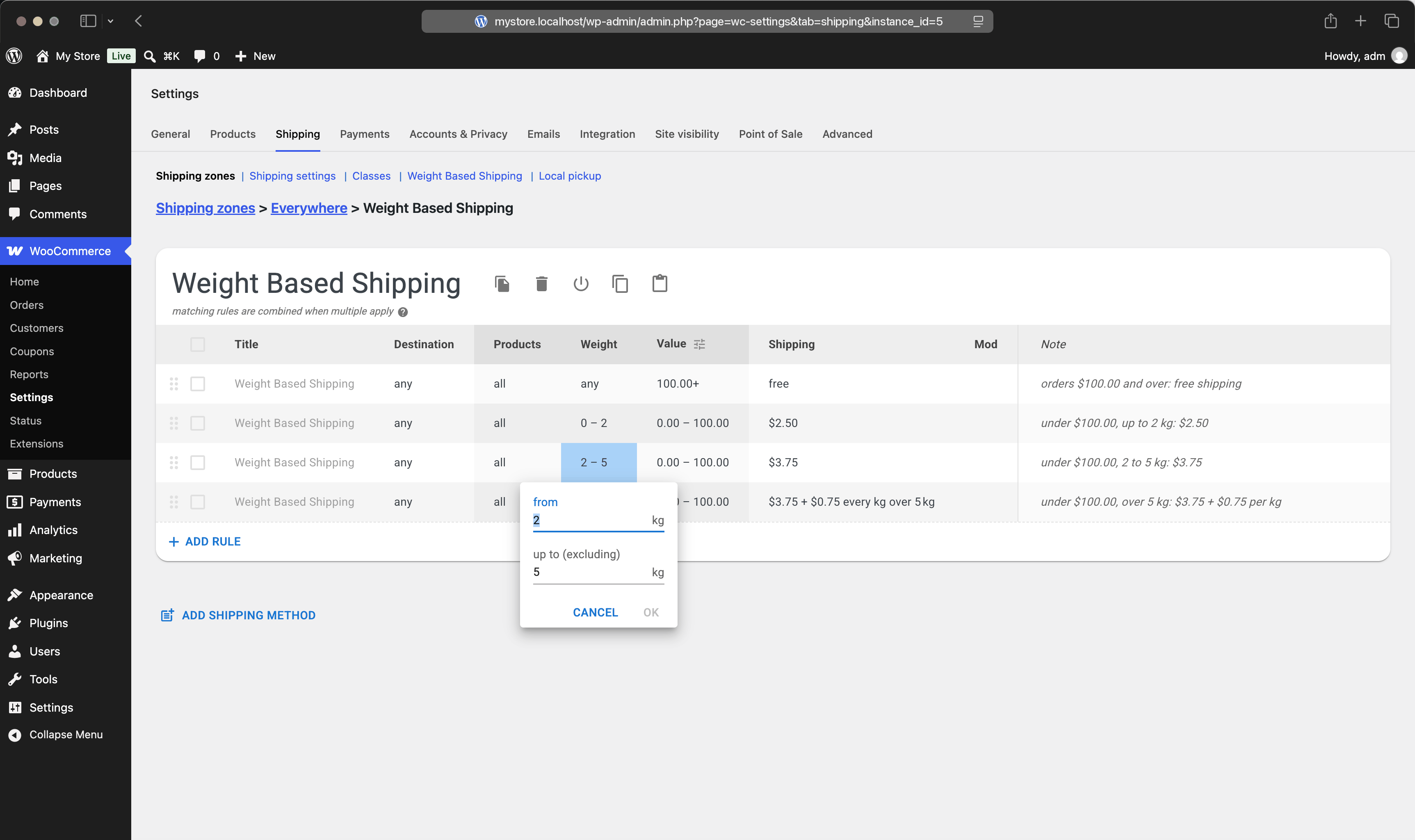 The Weight range editor of a shipping rule with from and up to excluding fields