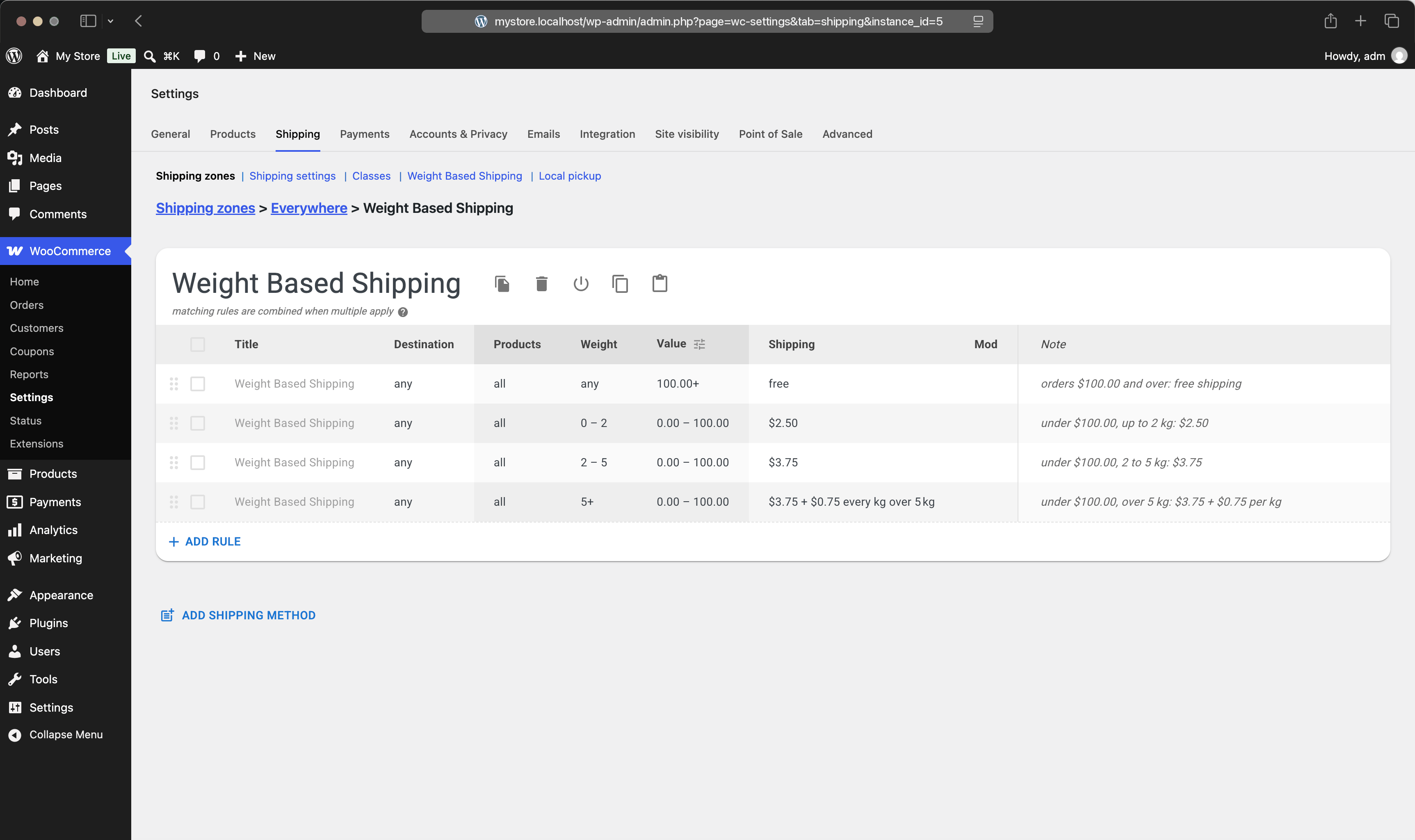 The starter rules of a new Weight Based Shipping method: free over $100, then three weight brackets