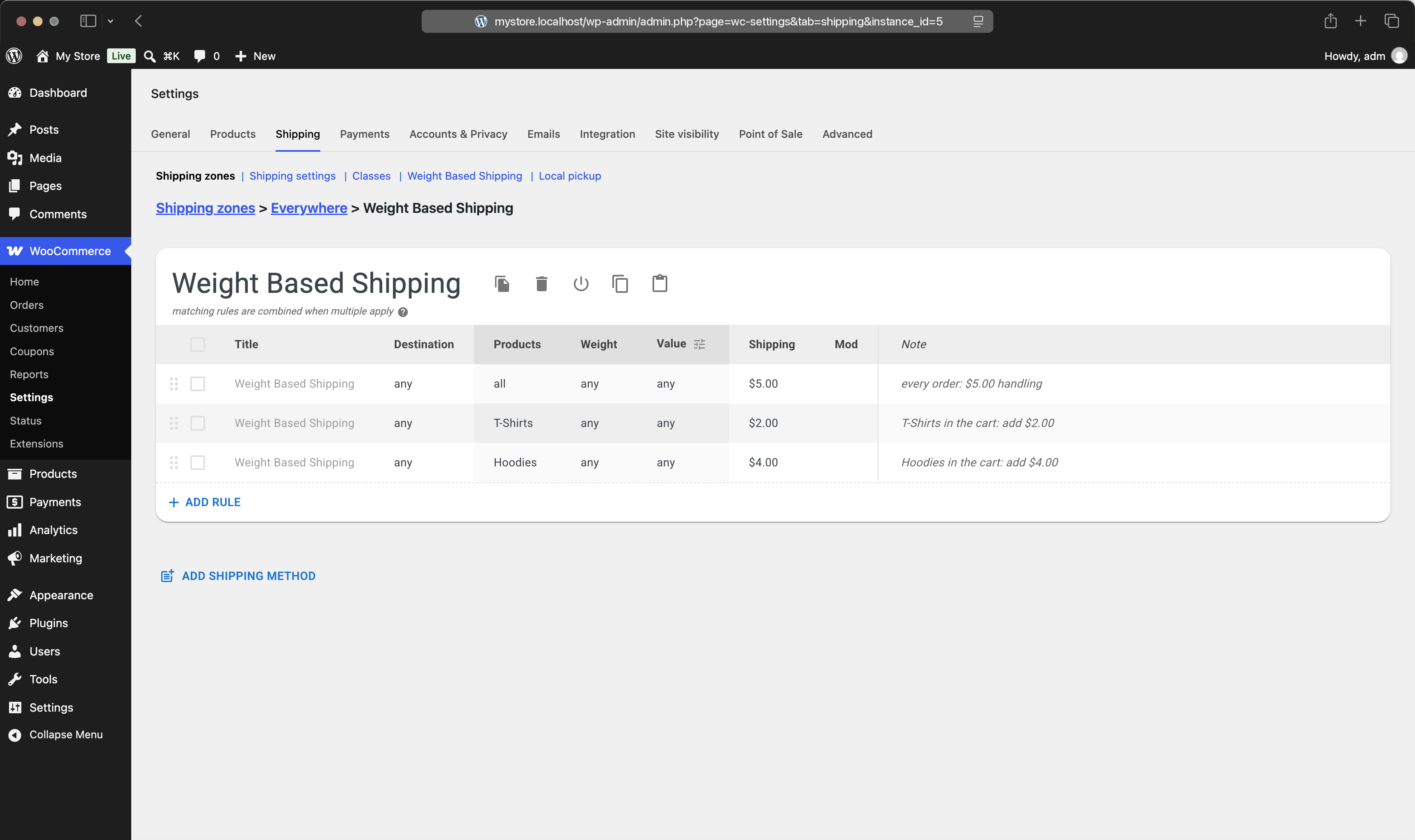 A Weight Based Shipping table with a flat handling rule and two per-class rules that add up