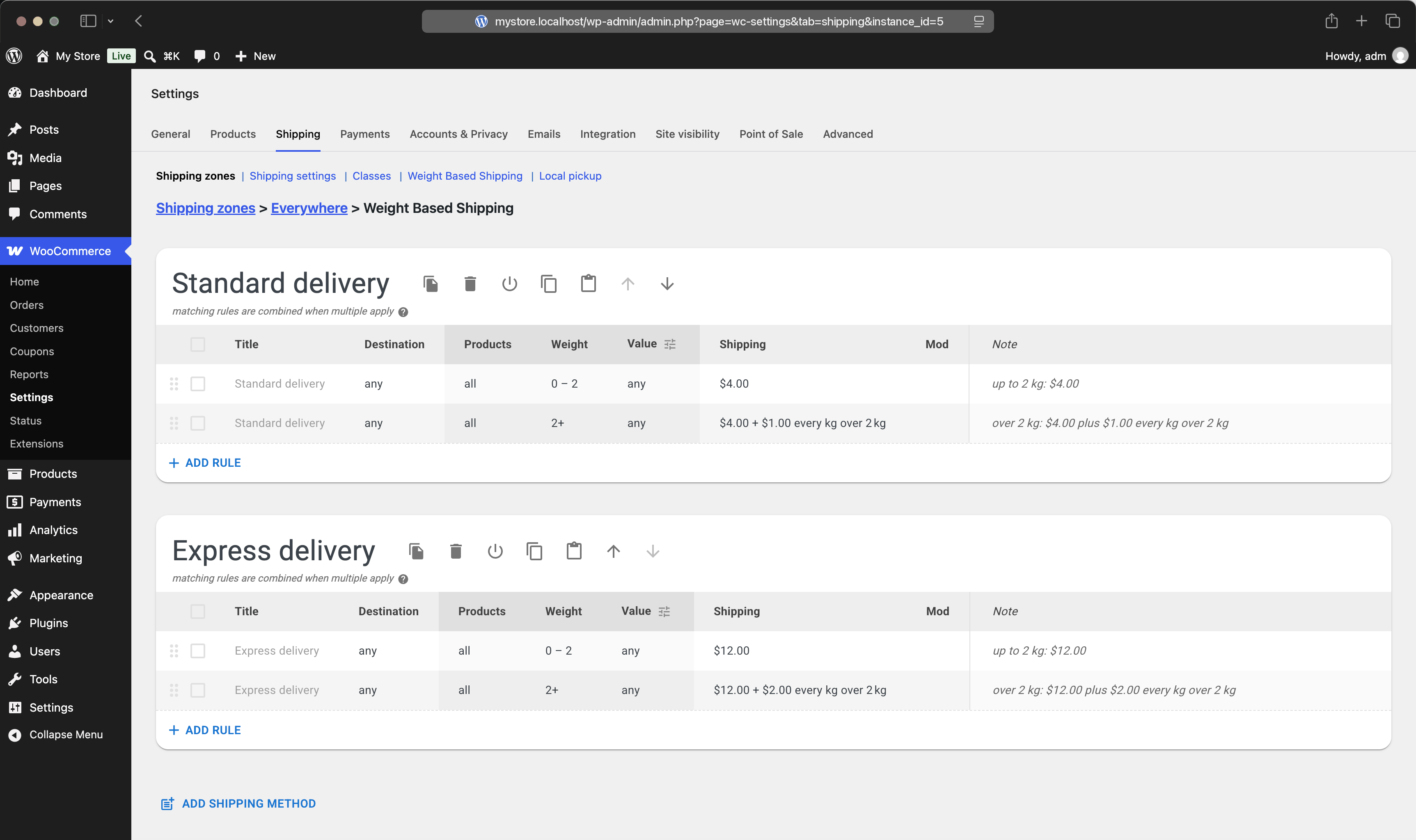 Two rule tables in one Weight Based Shipping method, producing Standard and Express options