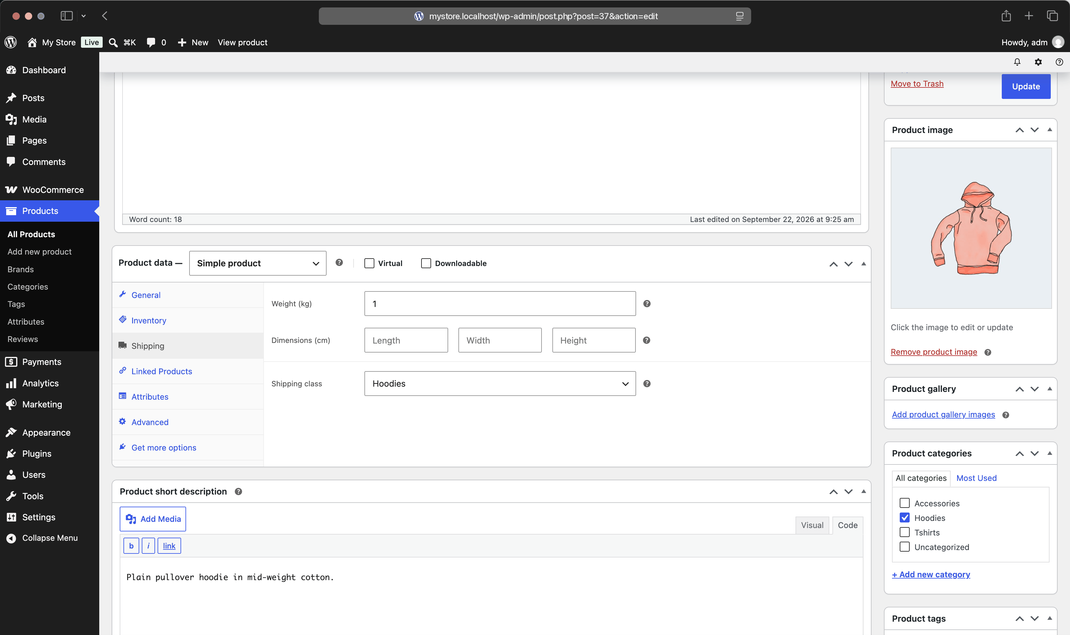 The Shipping tab of a WooCommerce product with the weight field filled in
