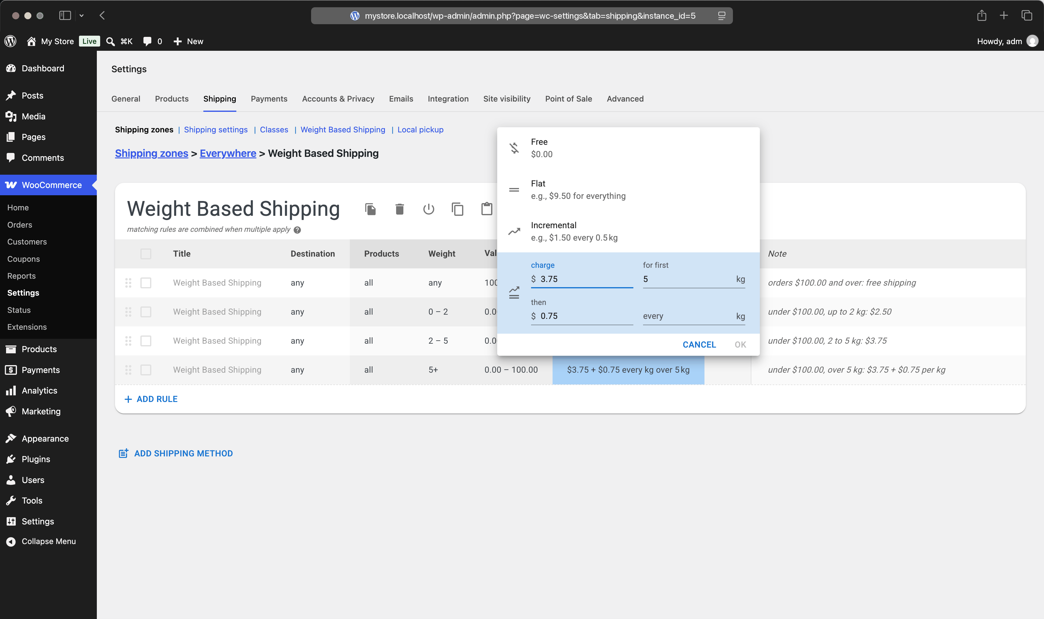 The shipping charge editor with free, flat, incremental, and base plus incremental prices