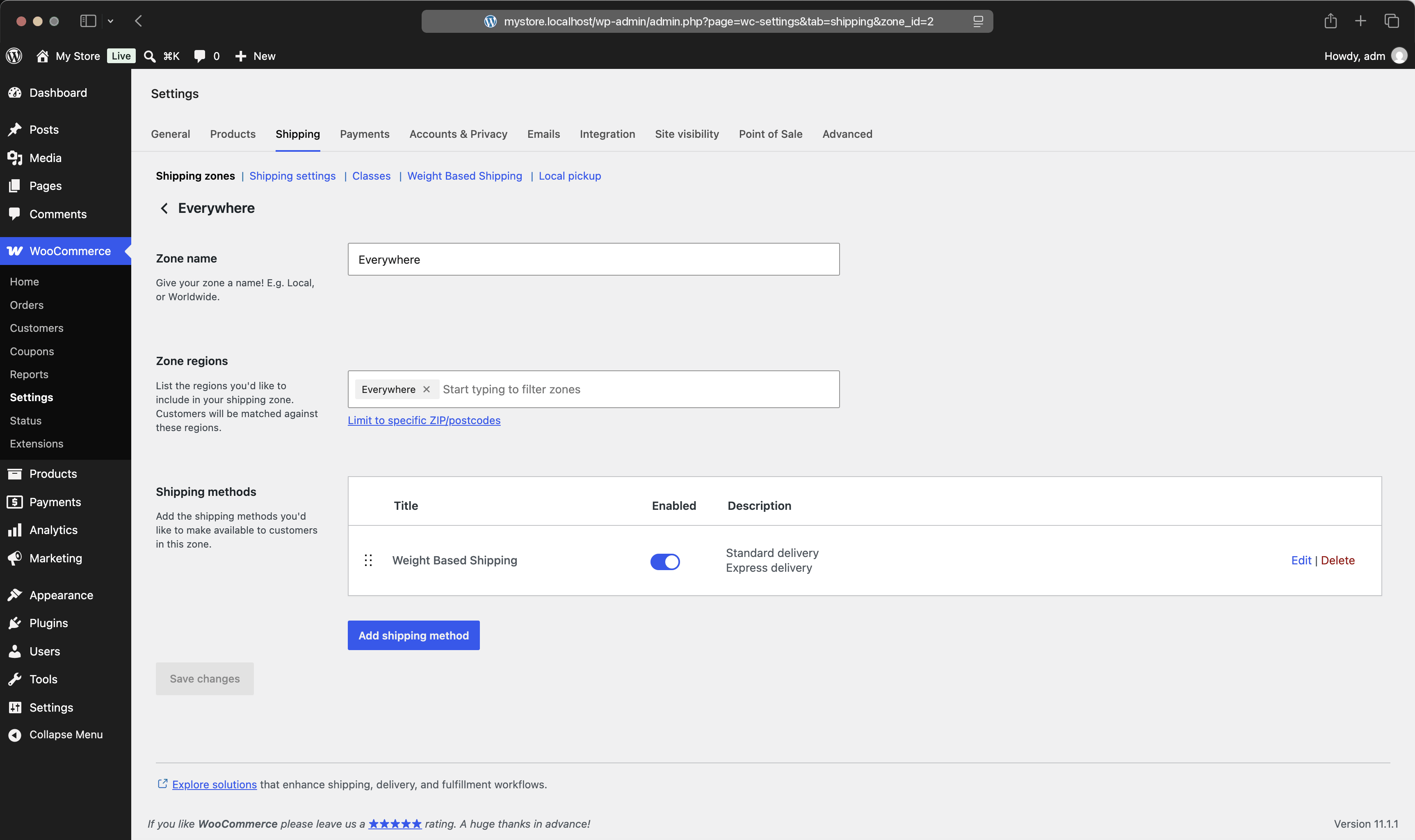 The Weight Based Shipping method added to a WooCommerce shipping zone