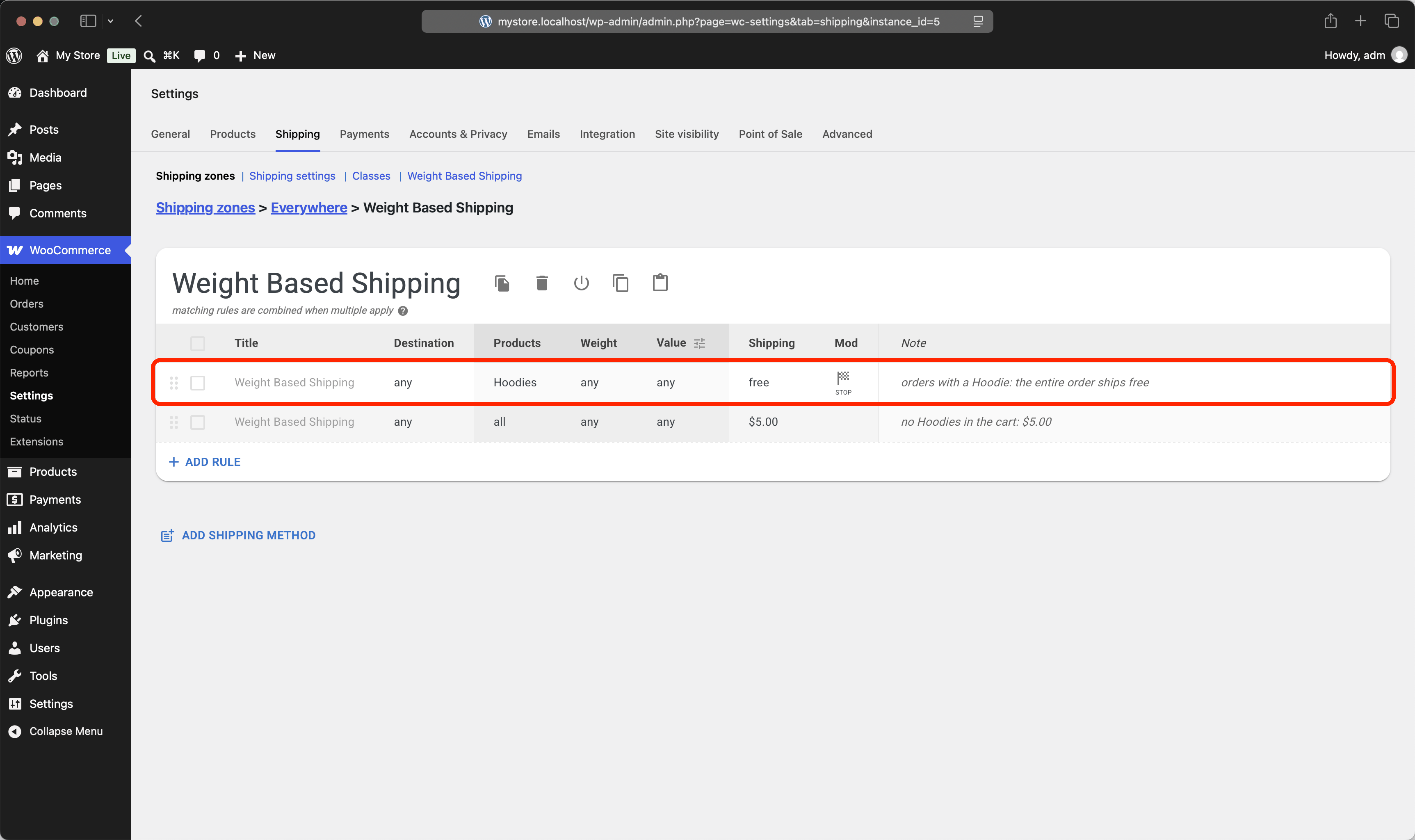 A rule making the entire order ship free once a Hoodie is in the cart