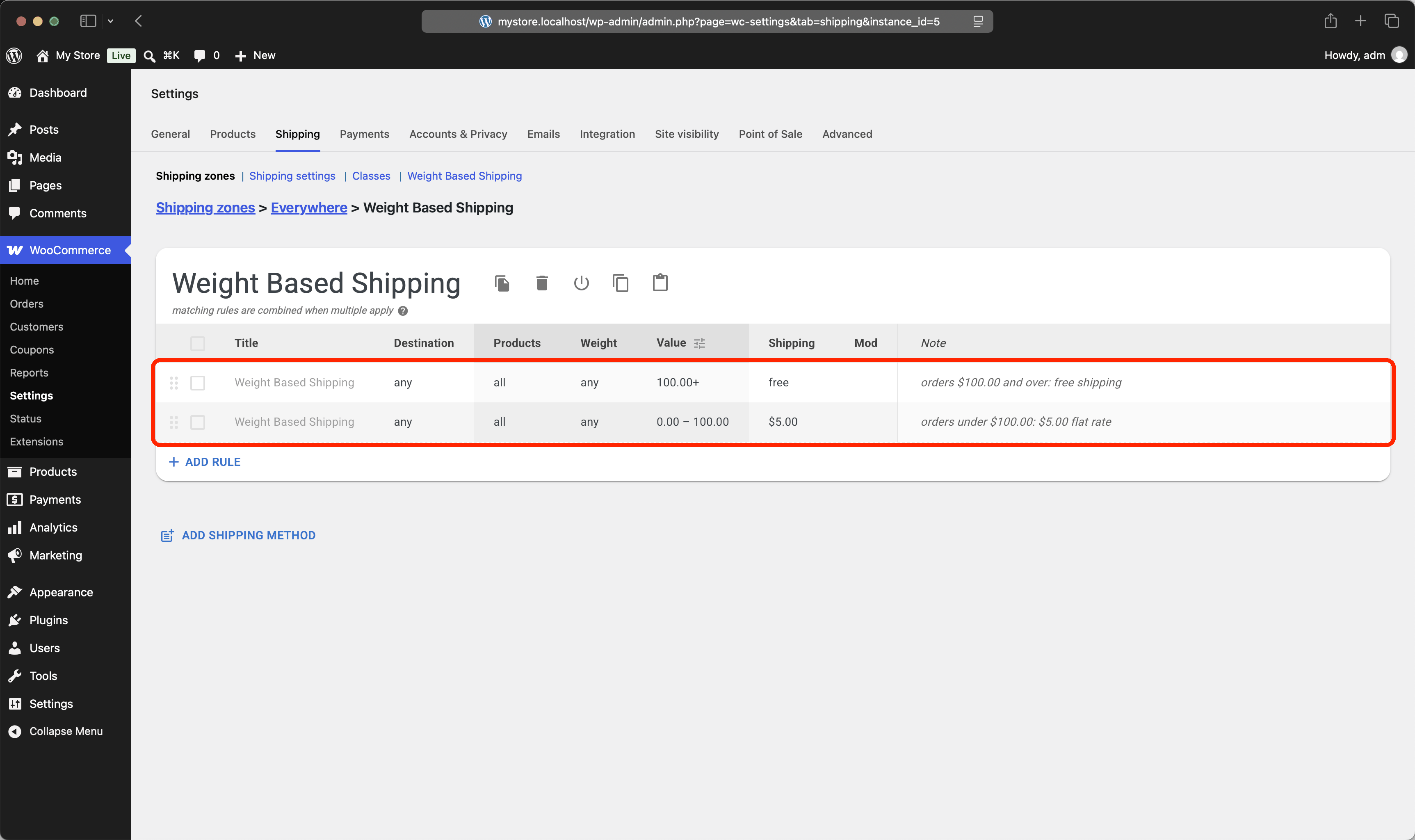 A free shipping rule for orders of $100 and over with a $5.00 flat rate below the threshold