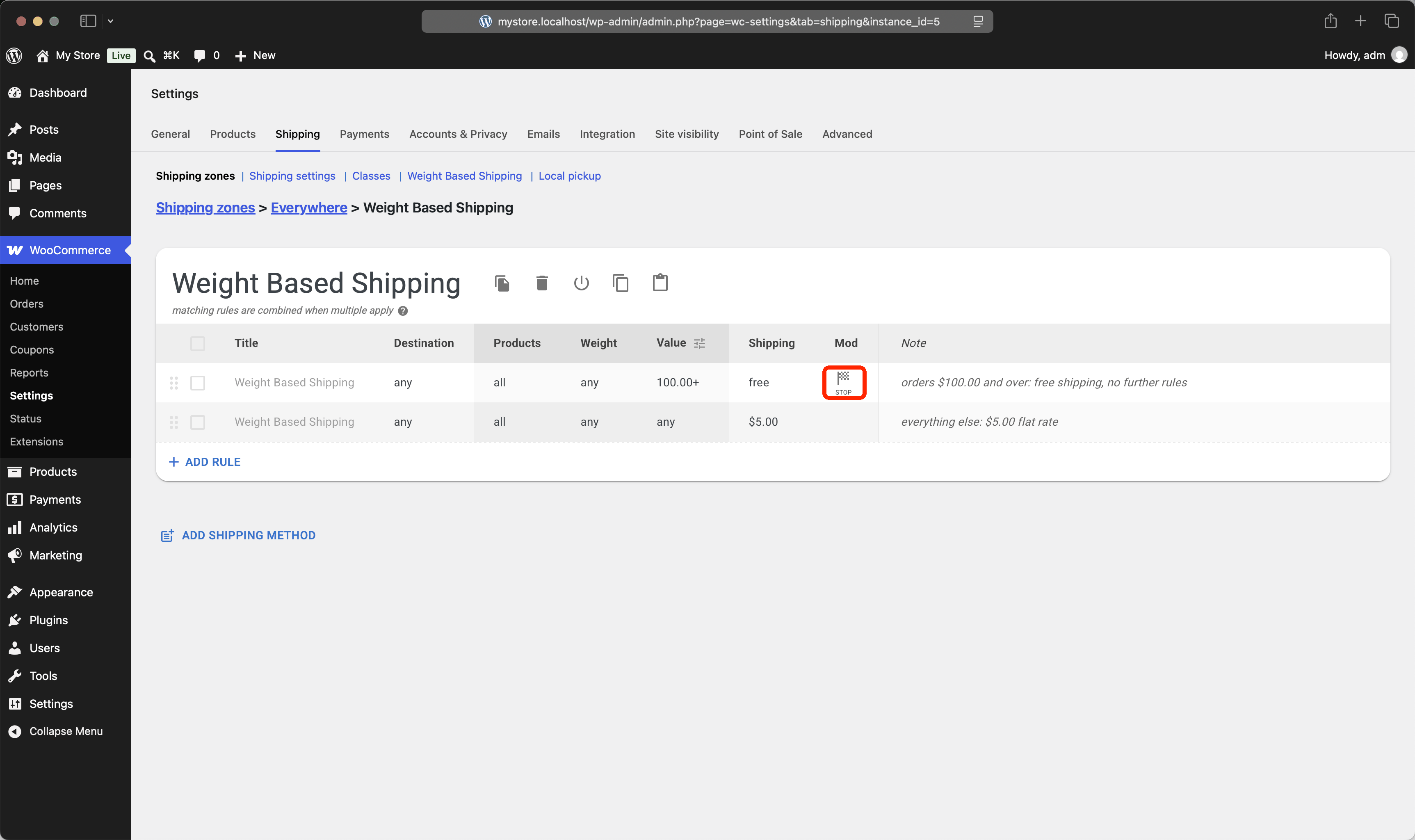 A free shipping rule for orders of $100 and over carrying the Stop mod above an unconditional $5.00 rule