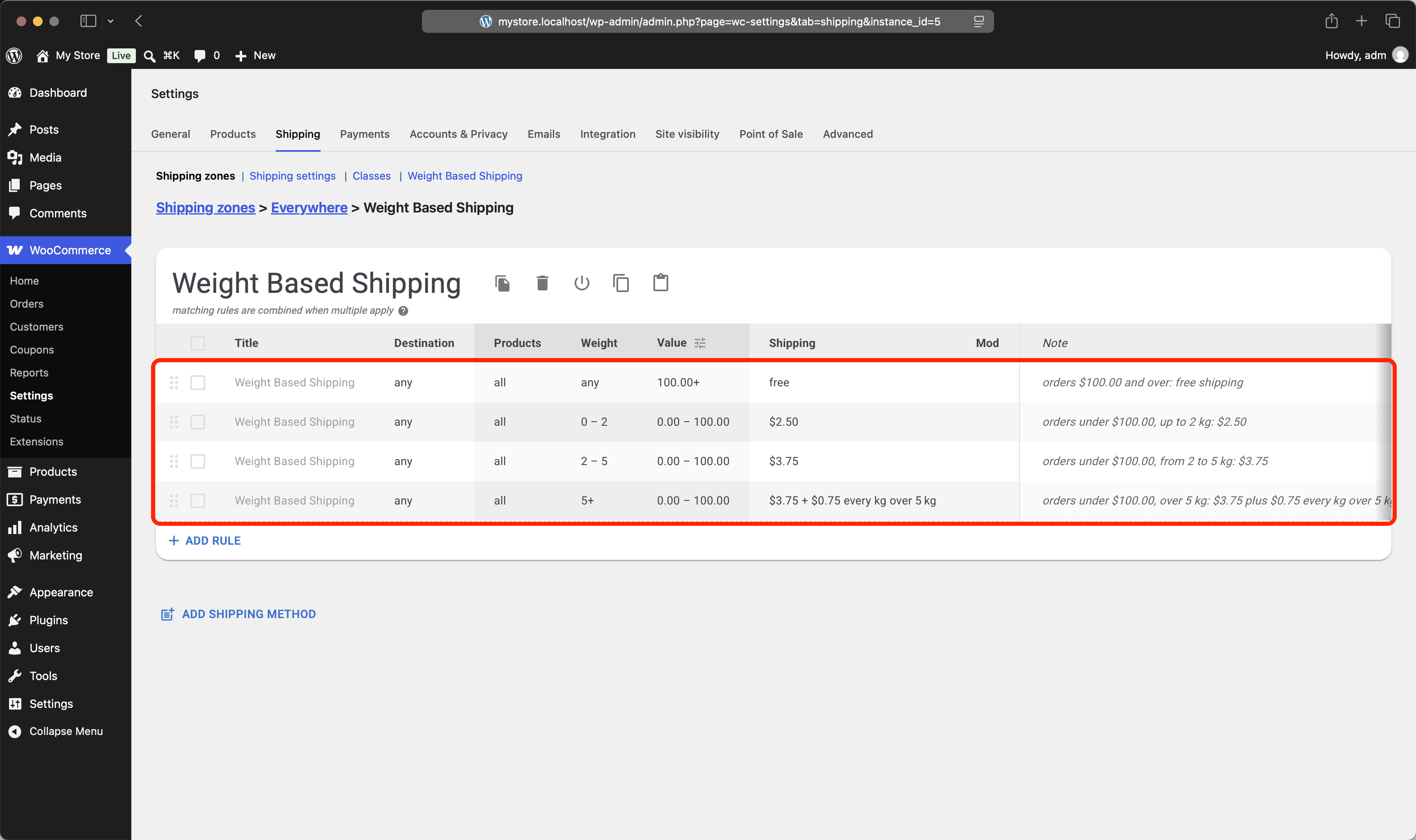 Free shipping over $100 on top of weight-based rates in the Weight Based Shipping rules table