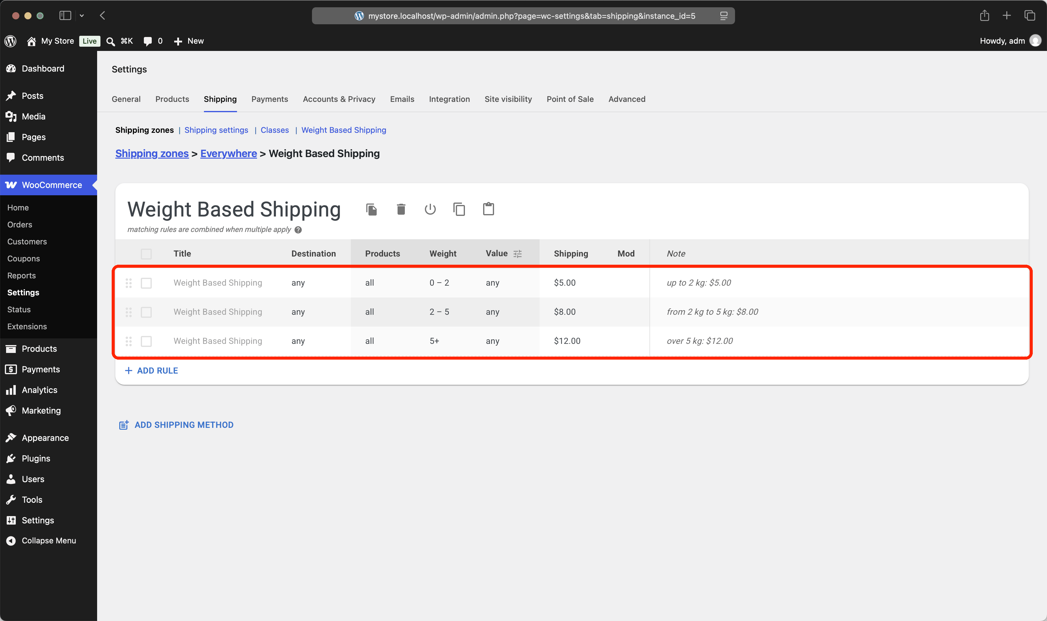 WooCommerce shipping rules with three weight brackets: up to 2 kg $5.00, 2-5 kg $8.00, over 5 kg $12.00