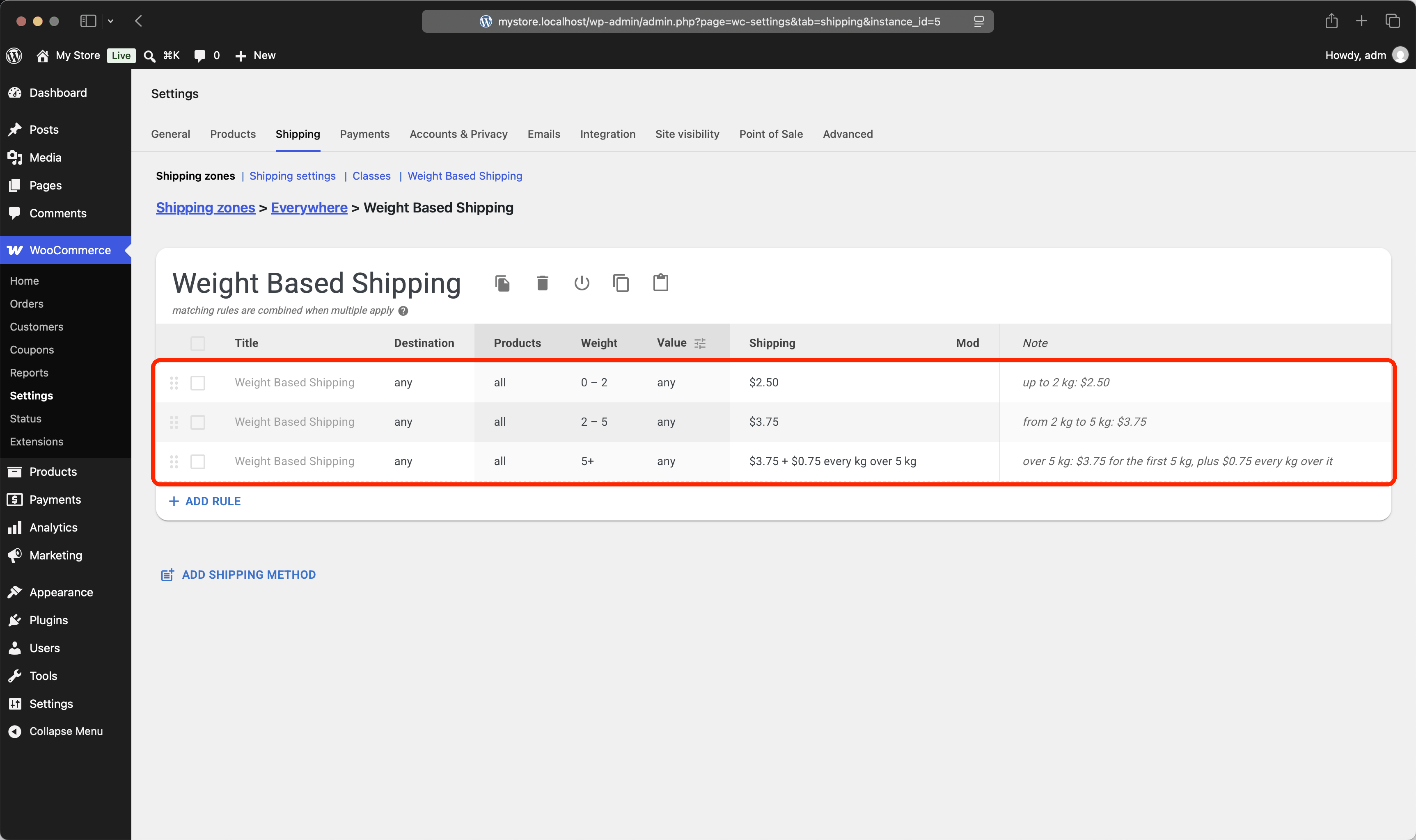 Weight brackets combined with a per-kg rate over 5 kg in the Weight Based Shipping rules table