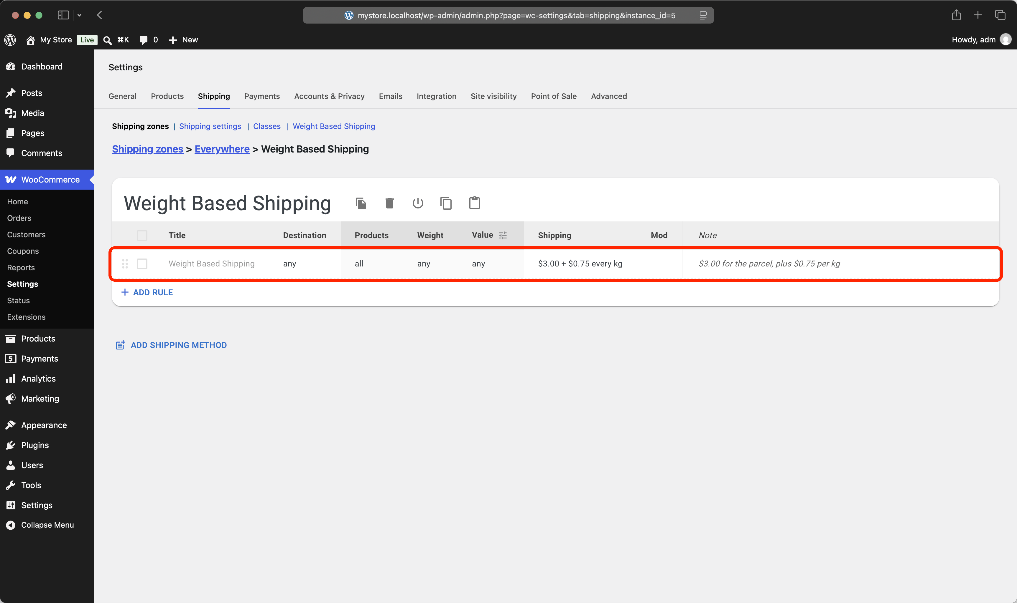 A single WooCommerce shipping rule charging $3.00 for the parcel plus $0.75 per kilogram